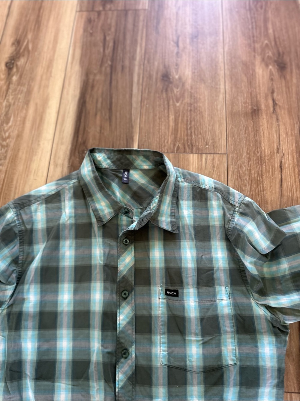 RVCA Men's Green and Teal Plaid Button-Down Shirt size large - Picture 3 of 4